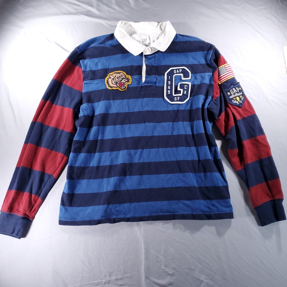 Gap Mens Large Rugby Shirt Long Sleeve Blue Red Striped Patches Tiger US Flag